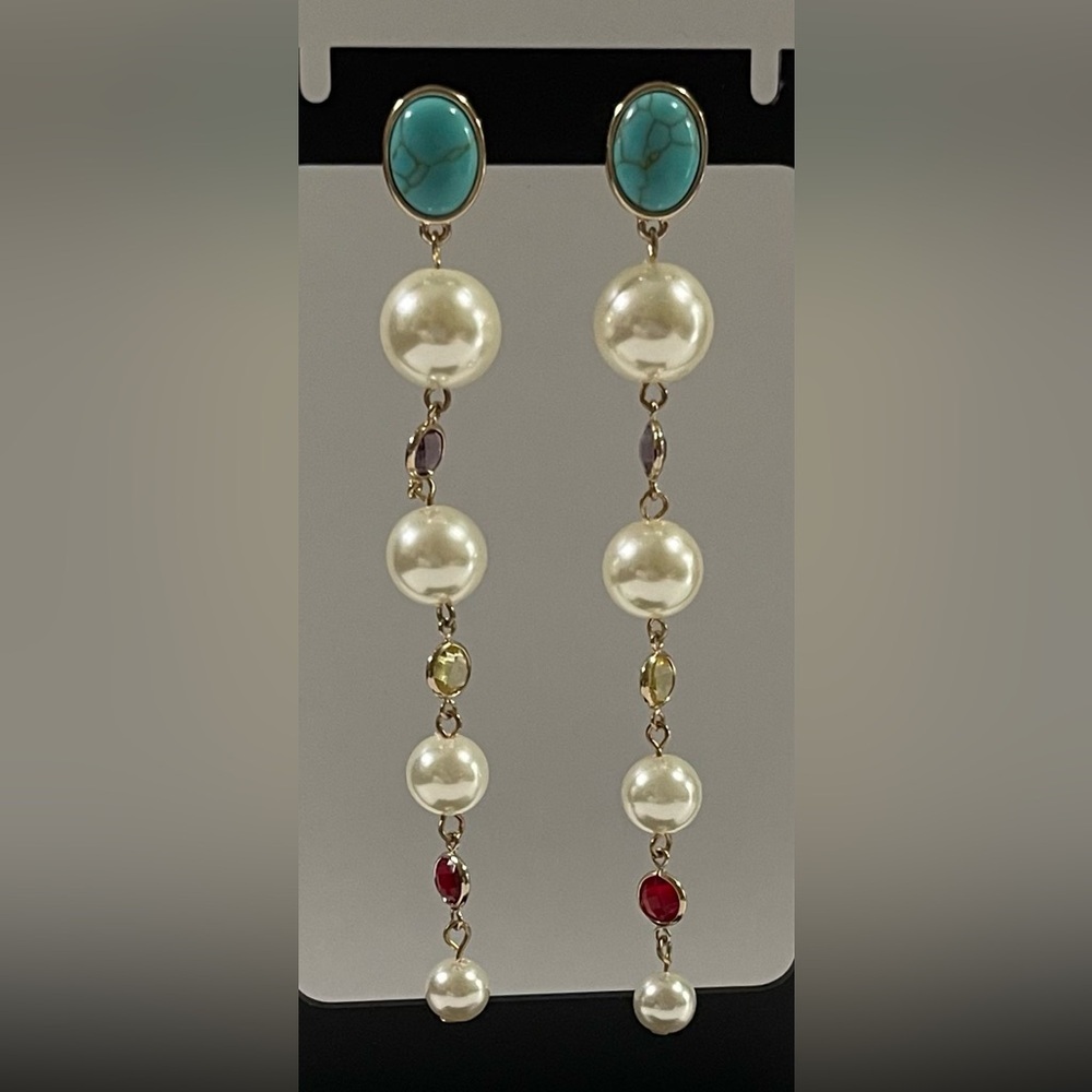 NWT ANNA & AVA by Brooke Webb Turquoise &Pearl Dangle Earrings with Red Accents